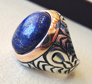 lapis lazuli men ring  oval cabochon natural blue stone  bronze and sterling silver 925  jewelry all sizes 18 * 13 mm ottoman middle eastern