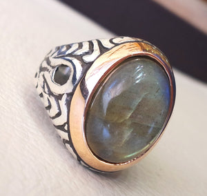 Labradorite man ring natural stone multi color semi precious stone heavy  sterling silver 925 bronze frame any sizes jewelry fast shipping