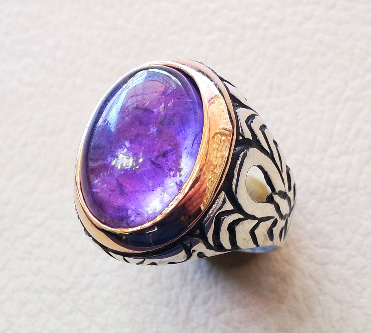 amethyst agate men ring natural purple stone silver 925  vintage arabic turkish ottoman bronze frame man jewelry oval cabochon all sizes