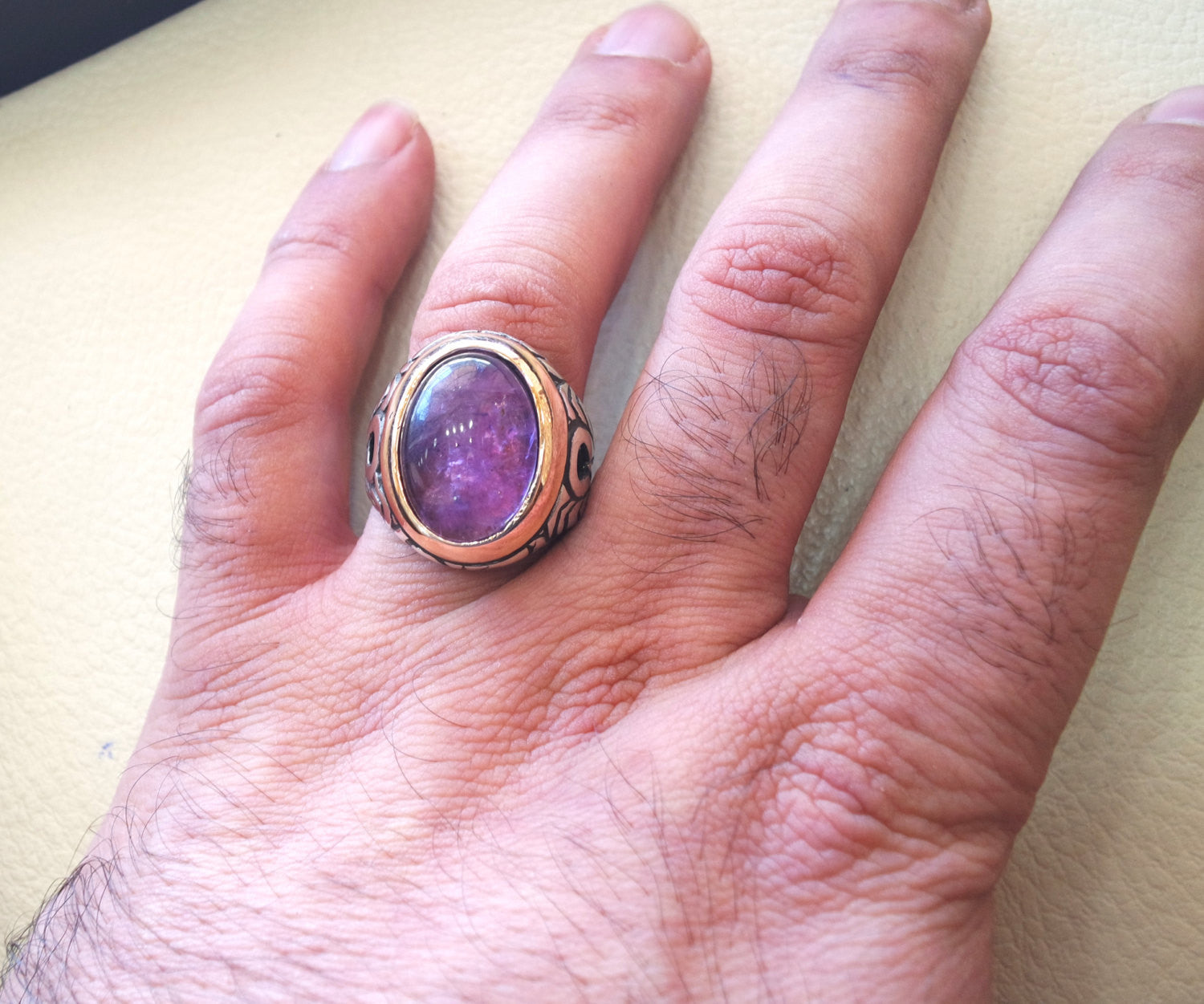 amethyst agate men ring natural purple stone silver 925  vintage arabic turkish ottoman bronze frame man jewelry oval cabochon all sizes