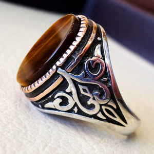 men ring tiger eye cat eye natural flat semi precious oval stone ottoman antique turkey arabic style two tone sterling silver 925