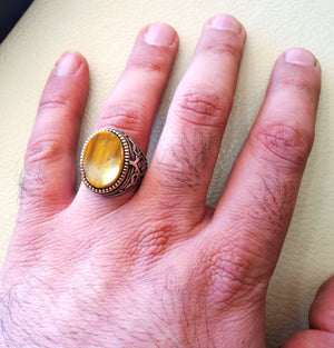 men ring tiger eye cat eye natural flat semi precious oval stone ottoman antique turkey arabic style two tone sterling silver 925