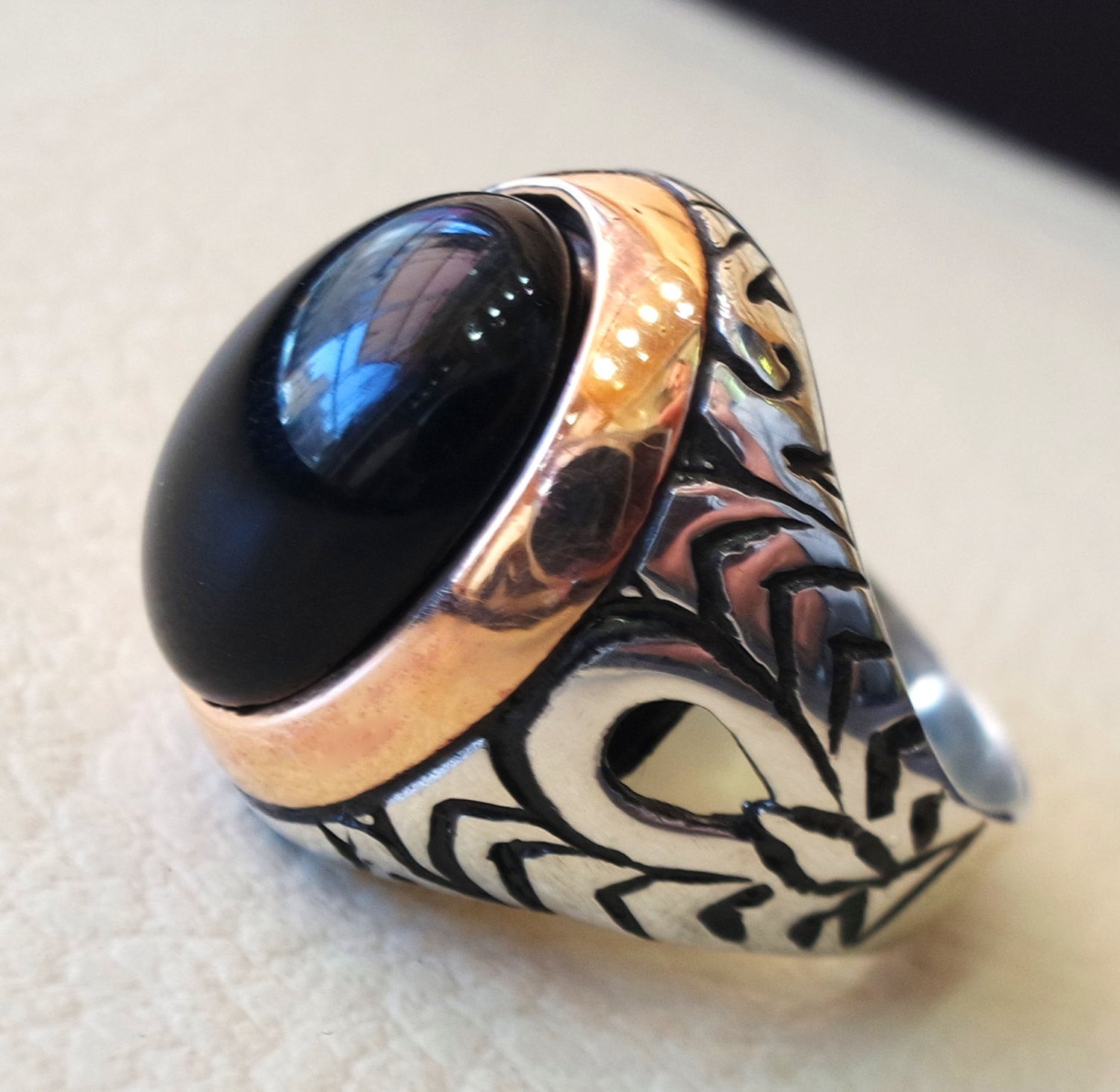 obsidian black aqeeq men ring natural stone sterling silver 925 vintage arabic turkish style all sizes on bronze fast shipping