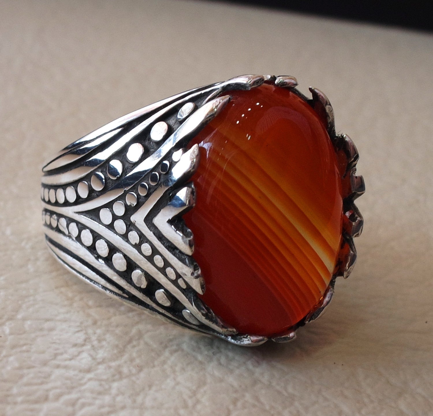striped agate aqeeq stone red carnelian semi precious men ring all sizes antique ottoman middle eastern jewelry oval cabochon fast shipping