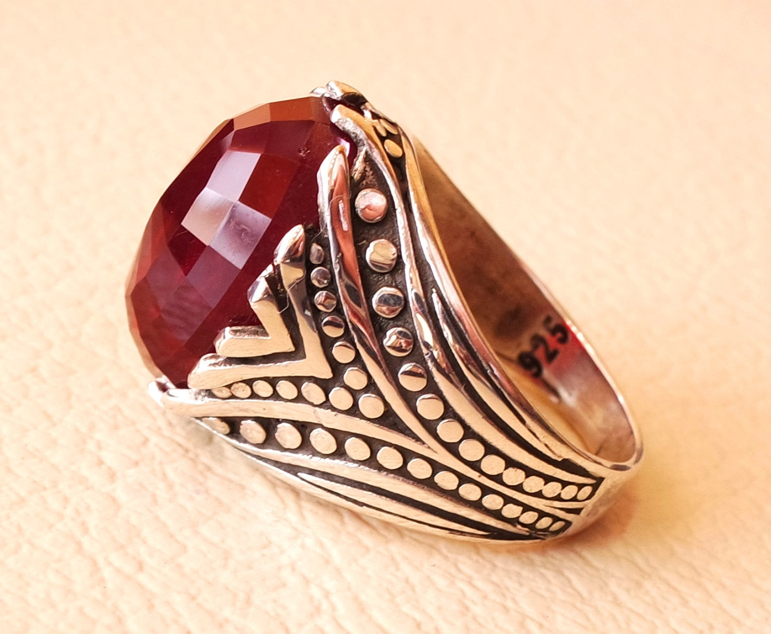 russet burgundy color reddish faceted oval stone man ring sterling silver 925 any size fast shipping antique eastern ottoman style jewelry