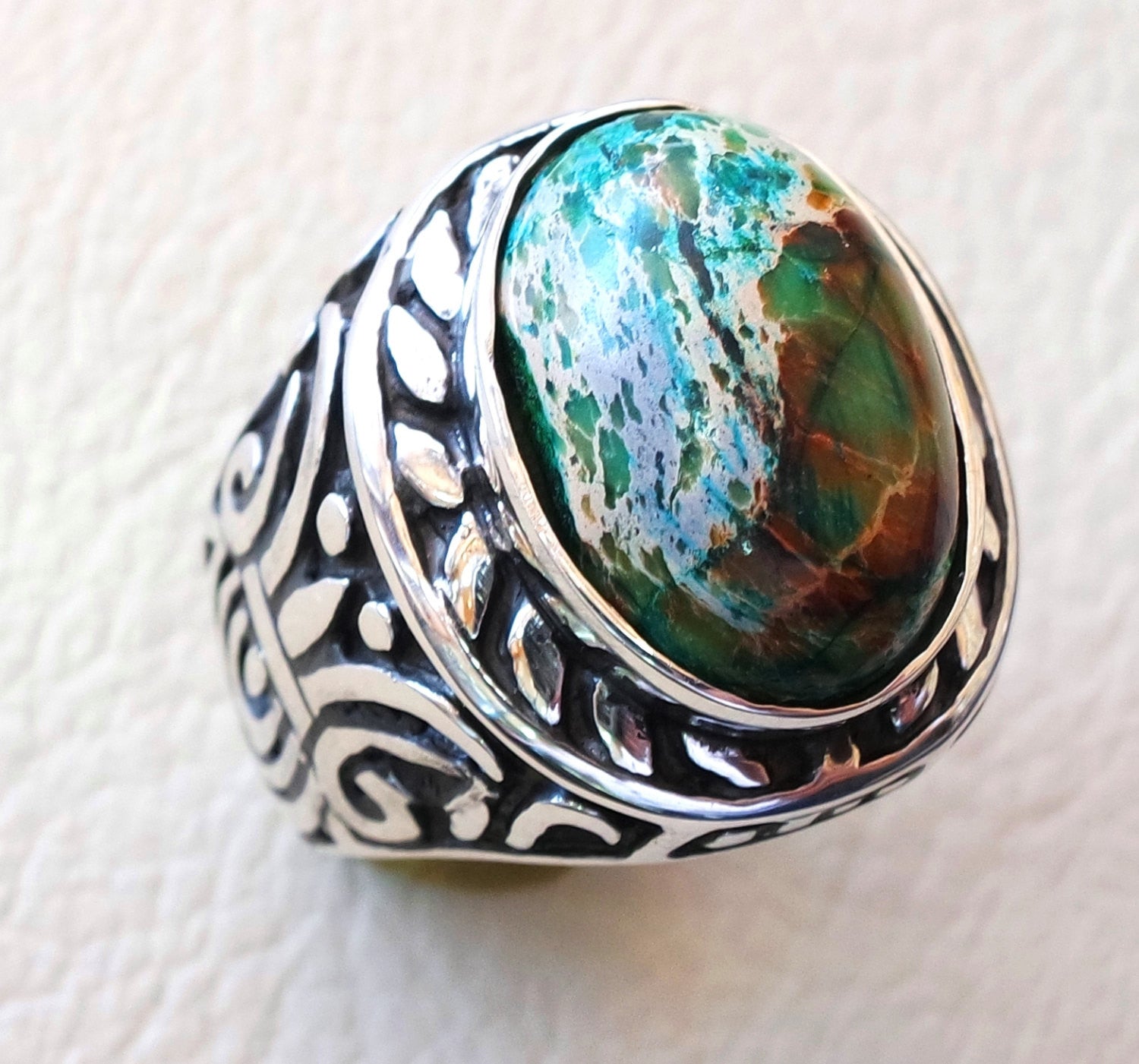 men ring sea sediment jasper multi color green blue brown stone all si Abu Mariam Jewelry