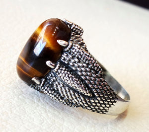 dragon snake mouth sterling silver 925 tiger cat eye stone oval  all sizes jewelry heavy men ring ottoman middle eastern style