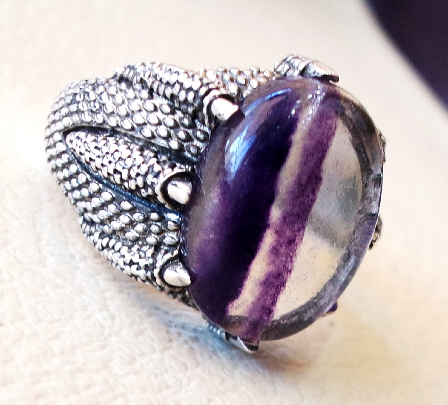 natural fluorite purple huge men dragon snake ring sterling silver 925 color unique stone all sizes jewelry fast shipping oxidized style