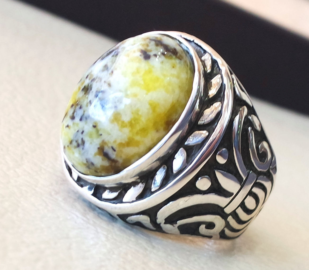 yellow dendritic howlite stone natural gem sterling silver 925 ring oval semi precious cabochon man huge ring ottoman jewelry fast shipping