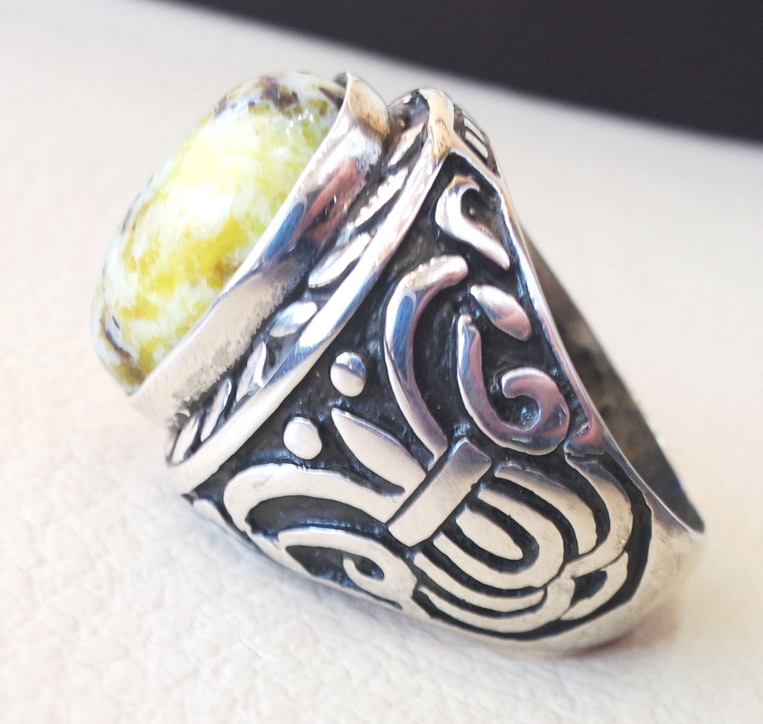 yellow dendritic howlite stone natural gem sterling silver 925 ring oval semi precious cabochon man huge ring ottoman jewelry fast shipping
