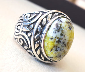 yellow dendritic howlite stone natural gem sterling silver 925 ring oval semi precious cabochon man huge ring ottoman jewelry fast shipping