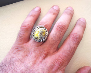 yellow dendritic howlite stone natural gem sterling silver 925 ring oval semi precious cabochon man huge ring ottoman jewelry fast shipping