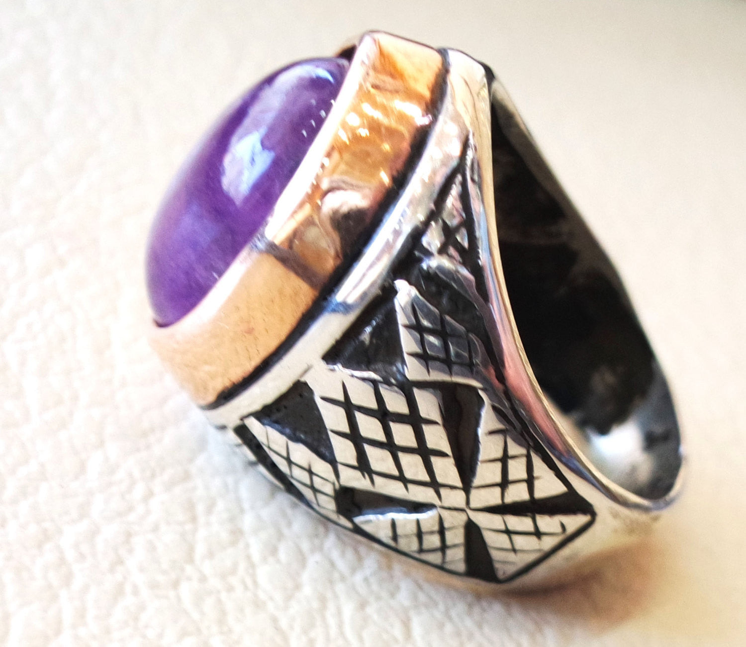 natural fluorite purple huge men ring sterling silver 925 color unique stone in bronze frame all sizes jewelry fast shipping oxidized style