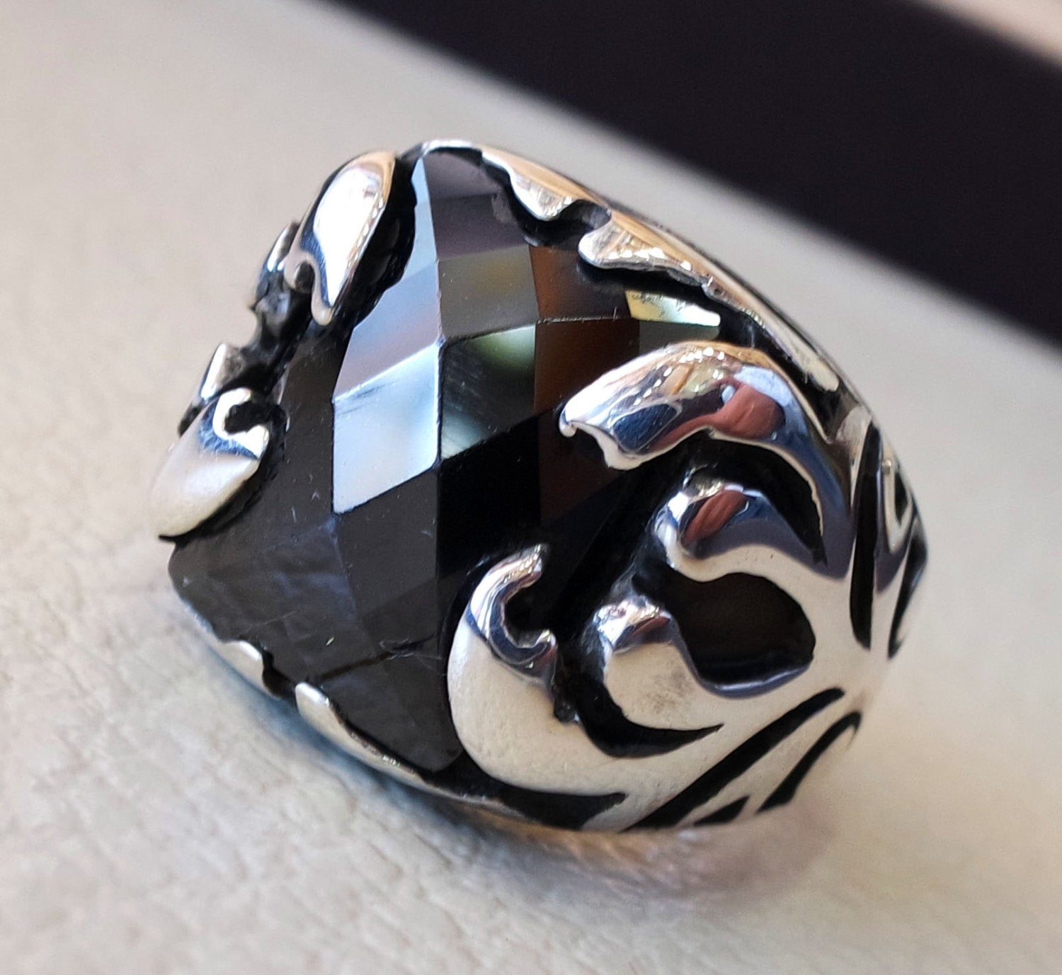 Ottoman sterling silver 925 huge ring any size rectangular black onyx agate semi precious middle eastern vintage handmade jewelry all sizes