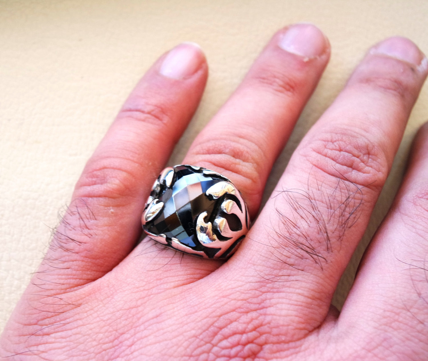 Ottoman sterling silver 925 huge ring any size rectangular black onyx agate semi precious middle eastern vintage handmade jewelry all sizes