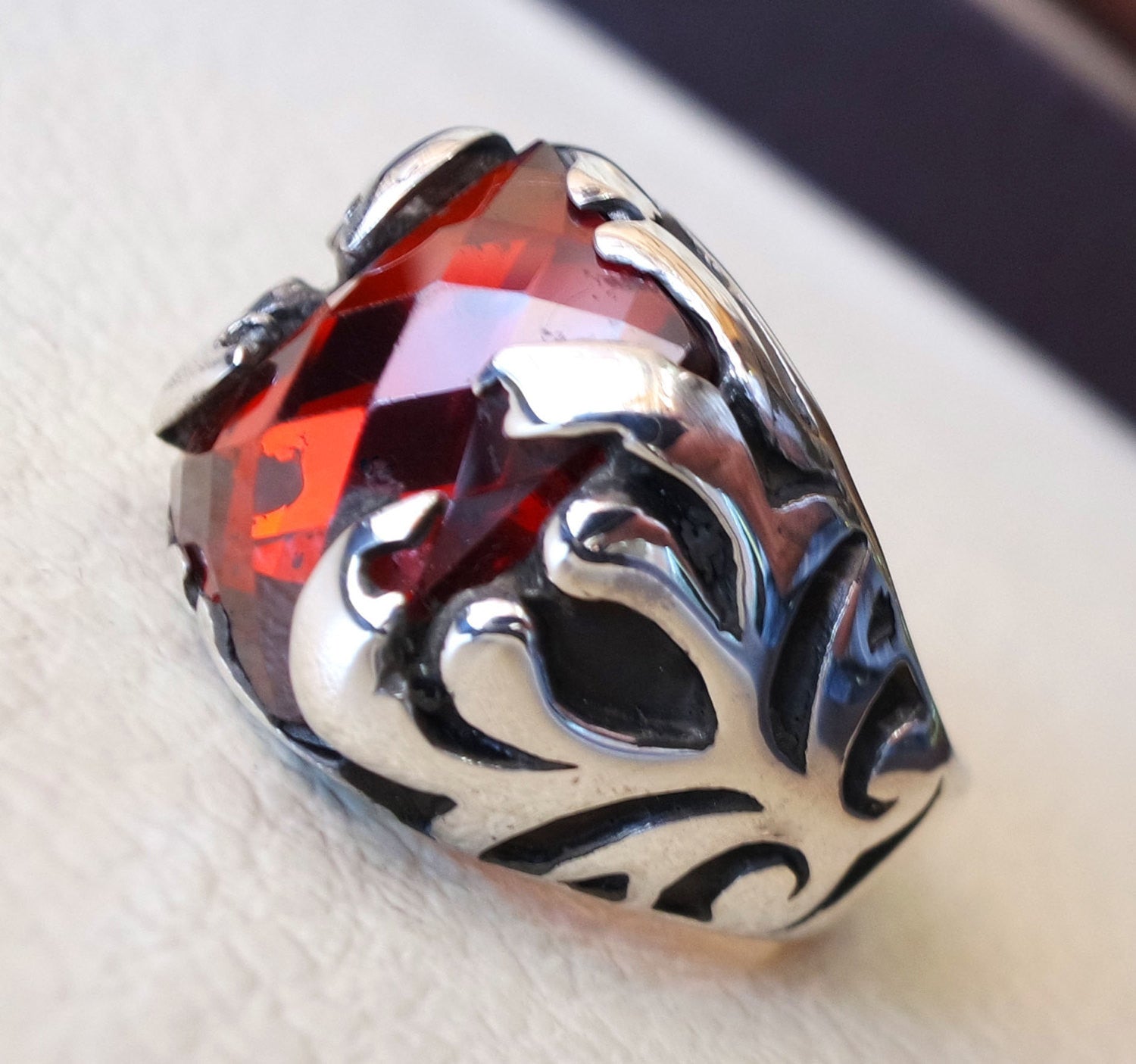 red ruby color cabochon octagon stone man ring sterling silver 925 all sizes high quality jewelry ottoman middle eastern antique style