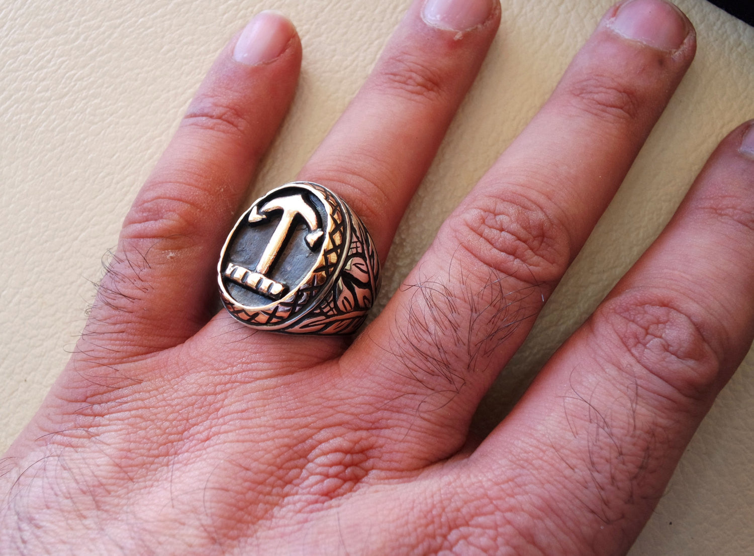 Big anchor sailor biker men ring heavy sterling silver 925 sea symbol flowers and bronze handmade all sizes jewelry fast shipping
