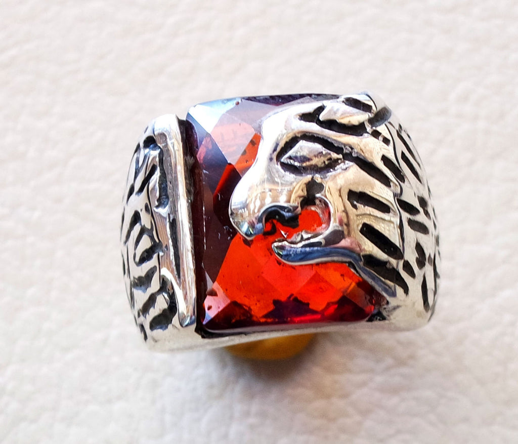 red ruby color cabochon octagon stone lion man ring sterling silver 925 all sizes high quality jewelry ottoman middle eastern antique style