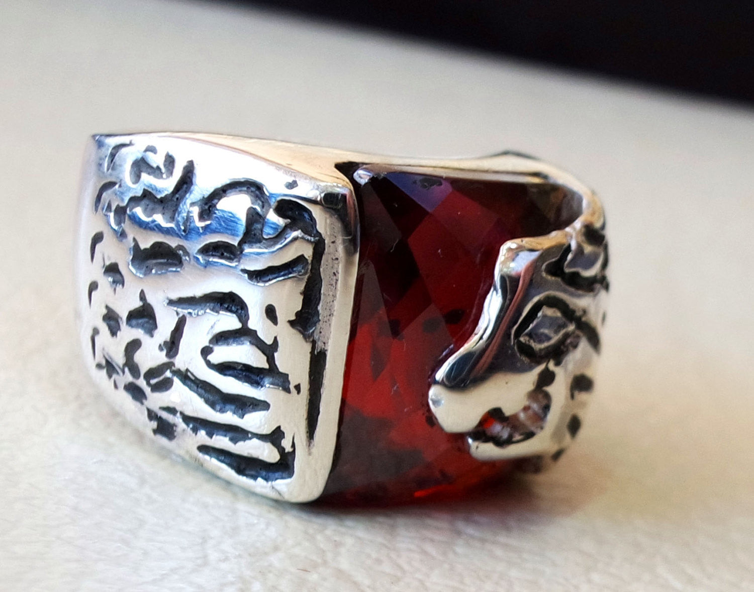 red ruby color cabochon octagon stone lion man ring sterling silver 925 all sizes high quality jewelry ottoman middle eastern antique style