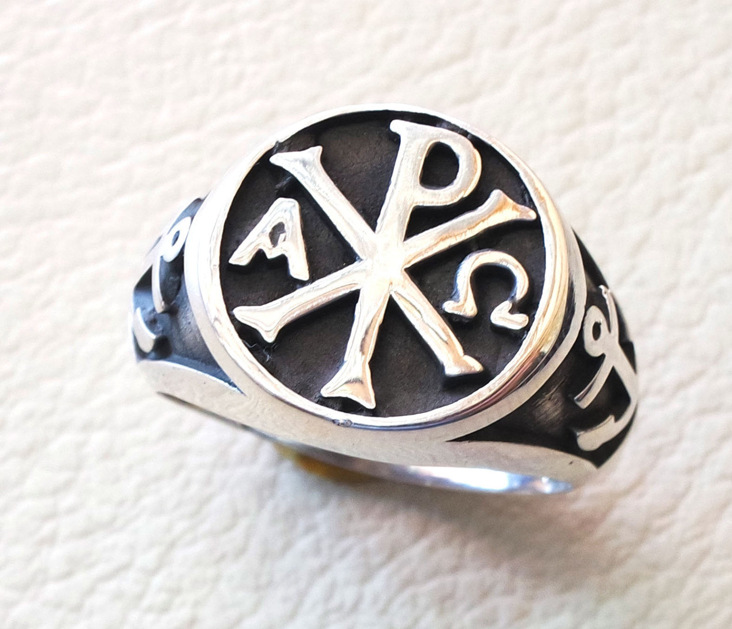 Chi Rho anchor on the sides cross christ christian symbol sterling silver 925 heavy man ring jewelry fast shipping round  shape all sizes
