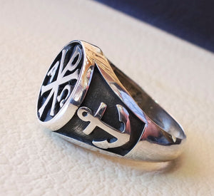 Chi Rho anchor on the sides cross christ christian symbol sterling silver 925 heavy man ring jewelry fast shipping round  shape all sizes