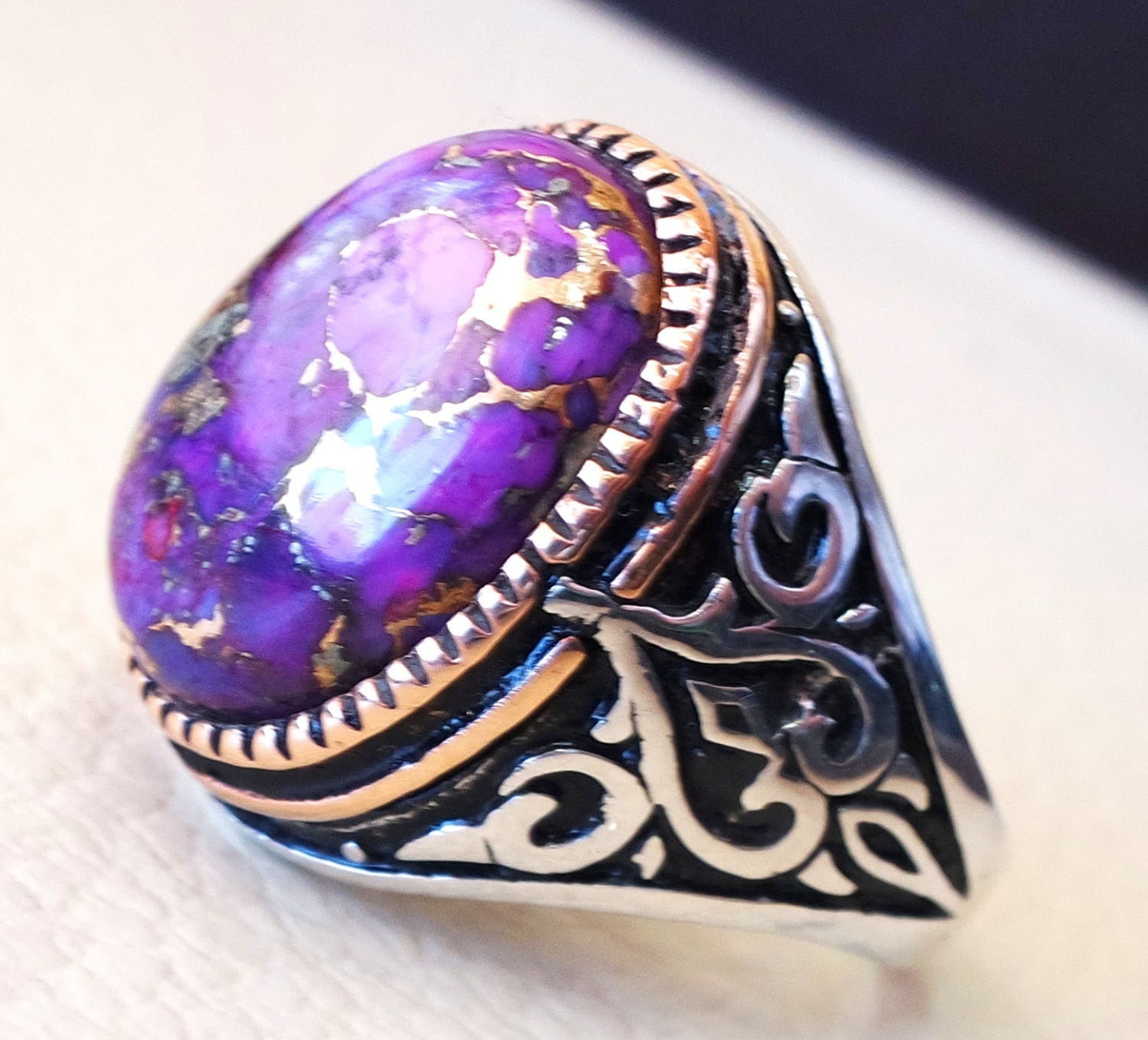 ottoman style heavy ring men sterling silver 925 jewelry copper purple turquoise high quality semi precious natural stone in bronze frame