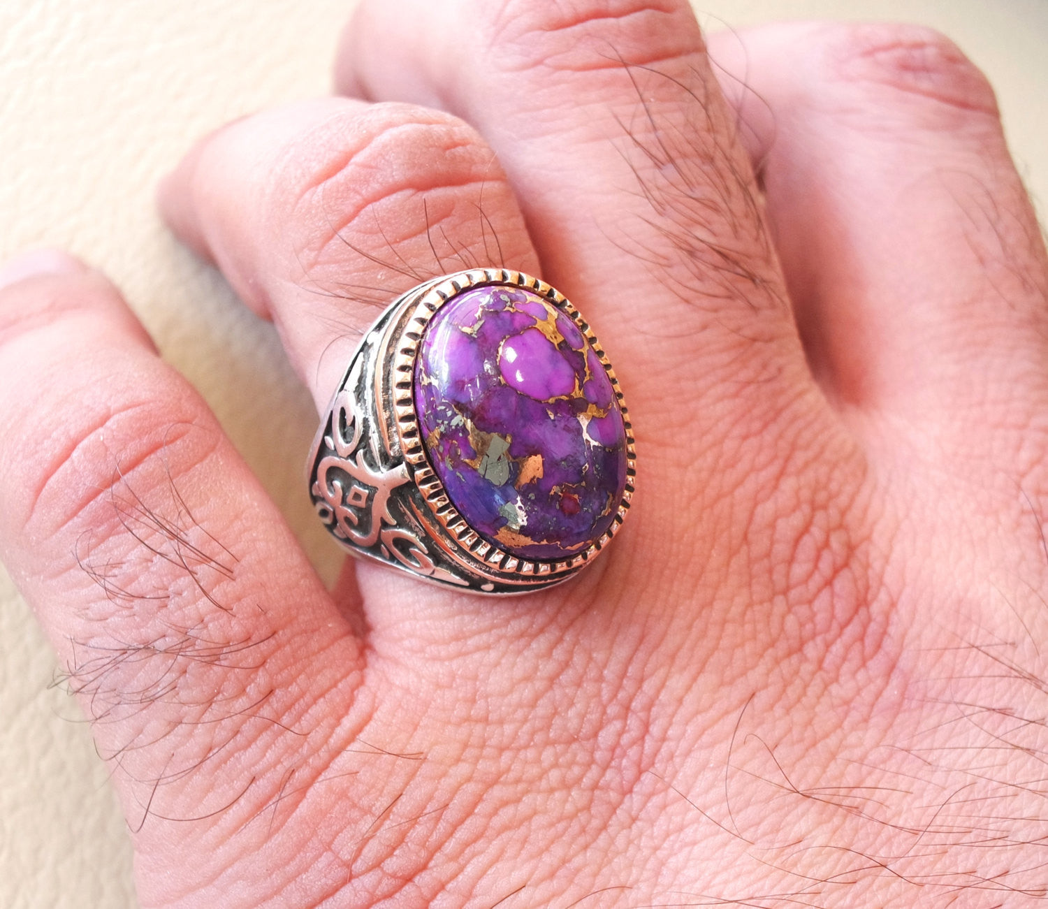 ottoman style heavy ring men sterling silver 925 jewelry copper purple turquoise high quality semi precious natural stone in bronze frame