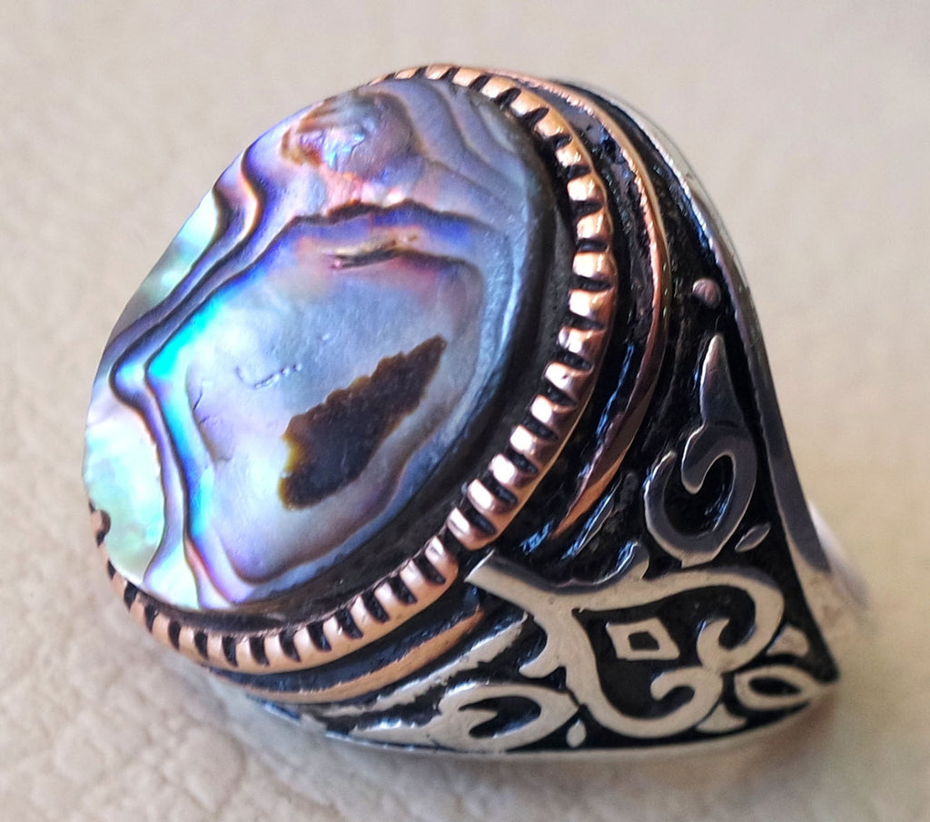 abalone shell colorful heavy ring sterling silver ottoman style all sizes jewelry men unique gift all sizes fast shipping bronze frame