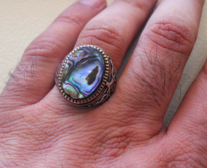 abalone shell colorful heavy ring sterling silver ottoman style all sizes jewelry men unique gift all sizes fast shipping bronze frame