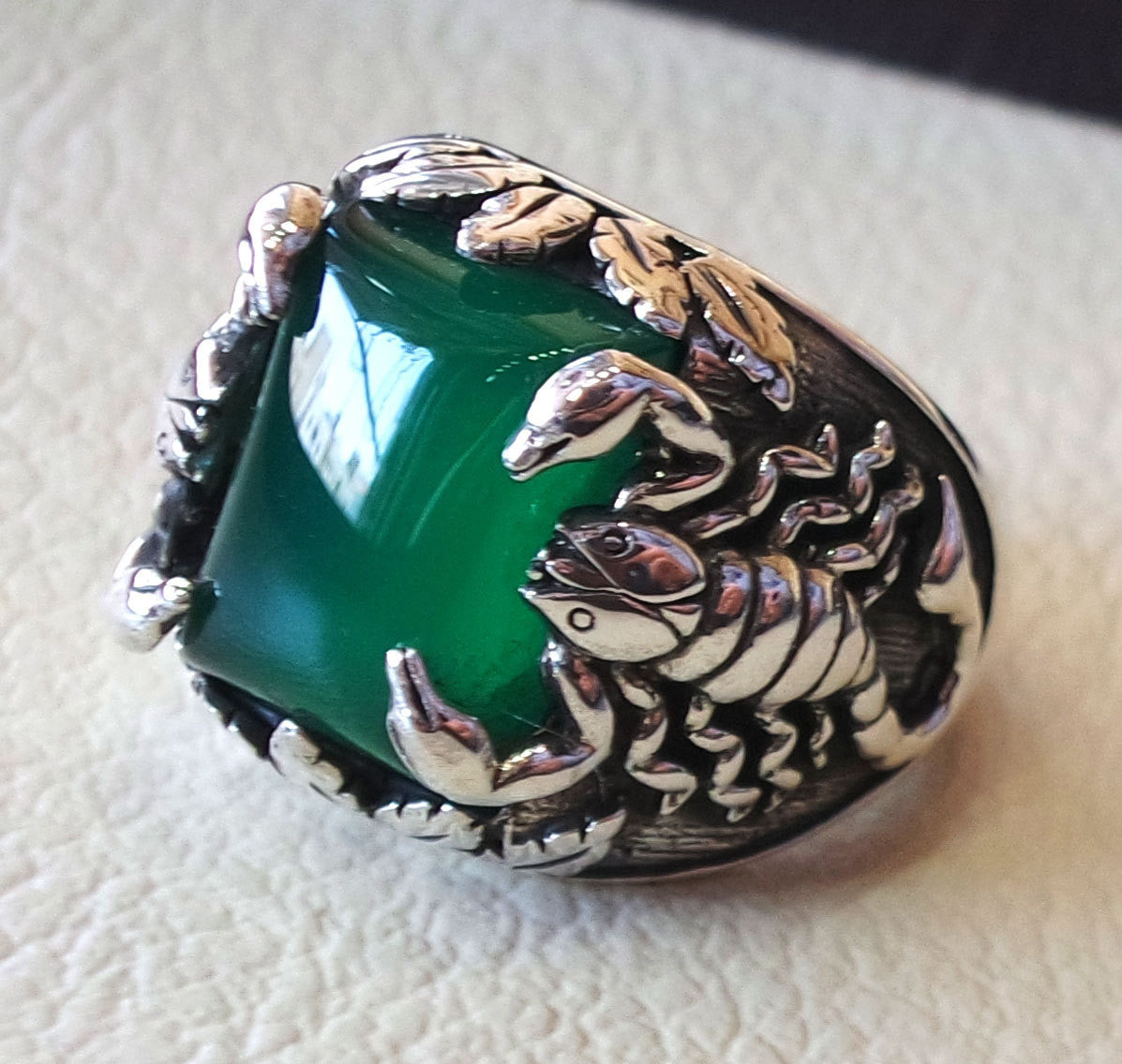 huge scorpion sterling silver 925 huge ring any size rectangular green aqeeq agate middle eastern vintage handmade jewelry fast shipping