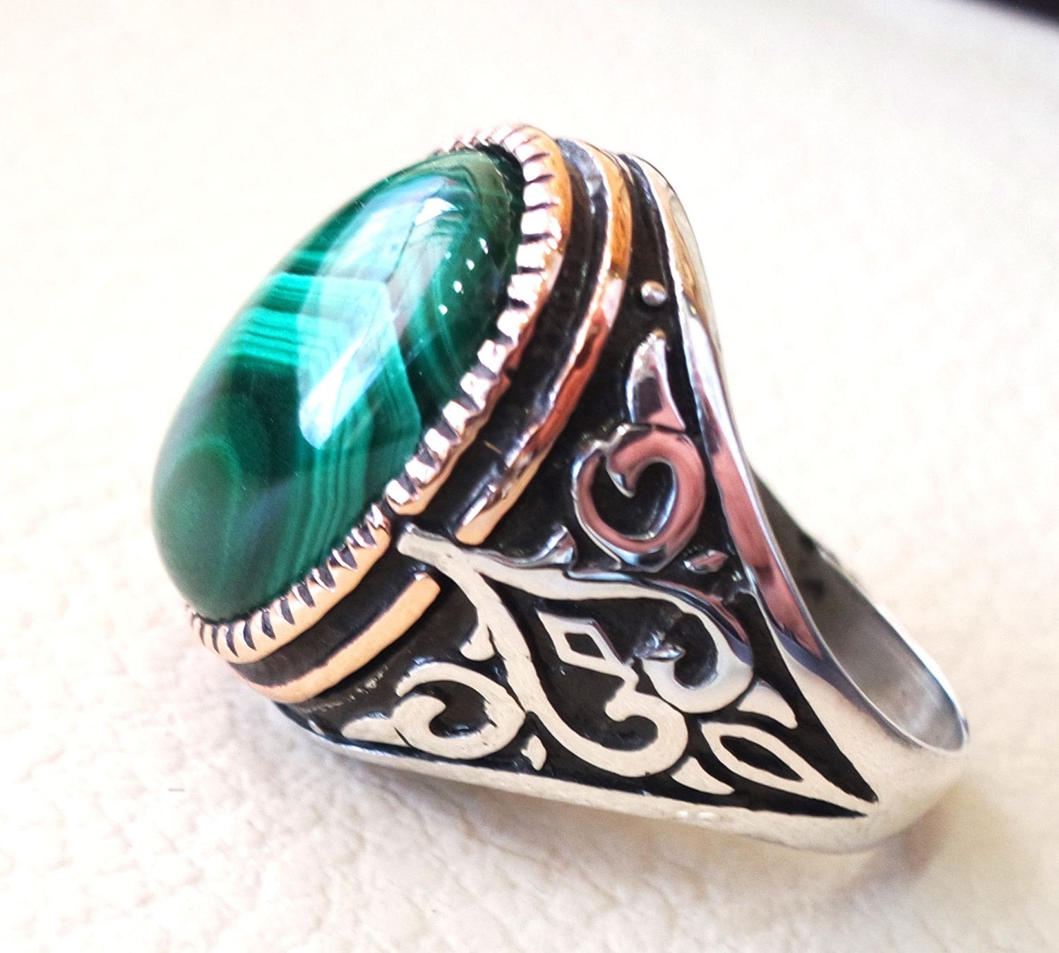 natural malachite ring high quality green cabochon semi precious stone sterling silver 925 and bronze ottoman arab style heavy men jewelry