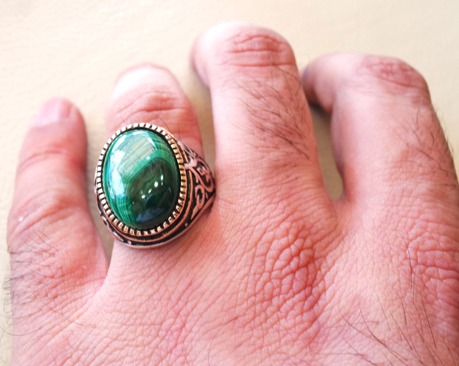 natural malachite ring high quality green cabochon semi precious stone sterling silver 925 and bronze ottoman arab style heavy men jewelry