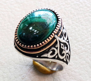 natural malachite ring high quality green cabochon semi precious stone sterling silver 925 and bronze ottoman arab style heavy men jewelry