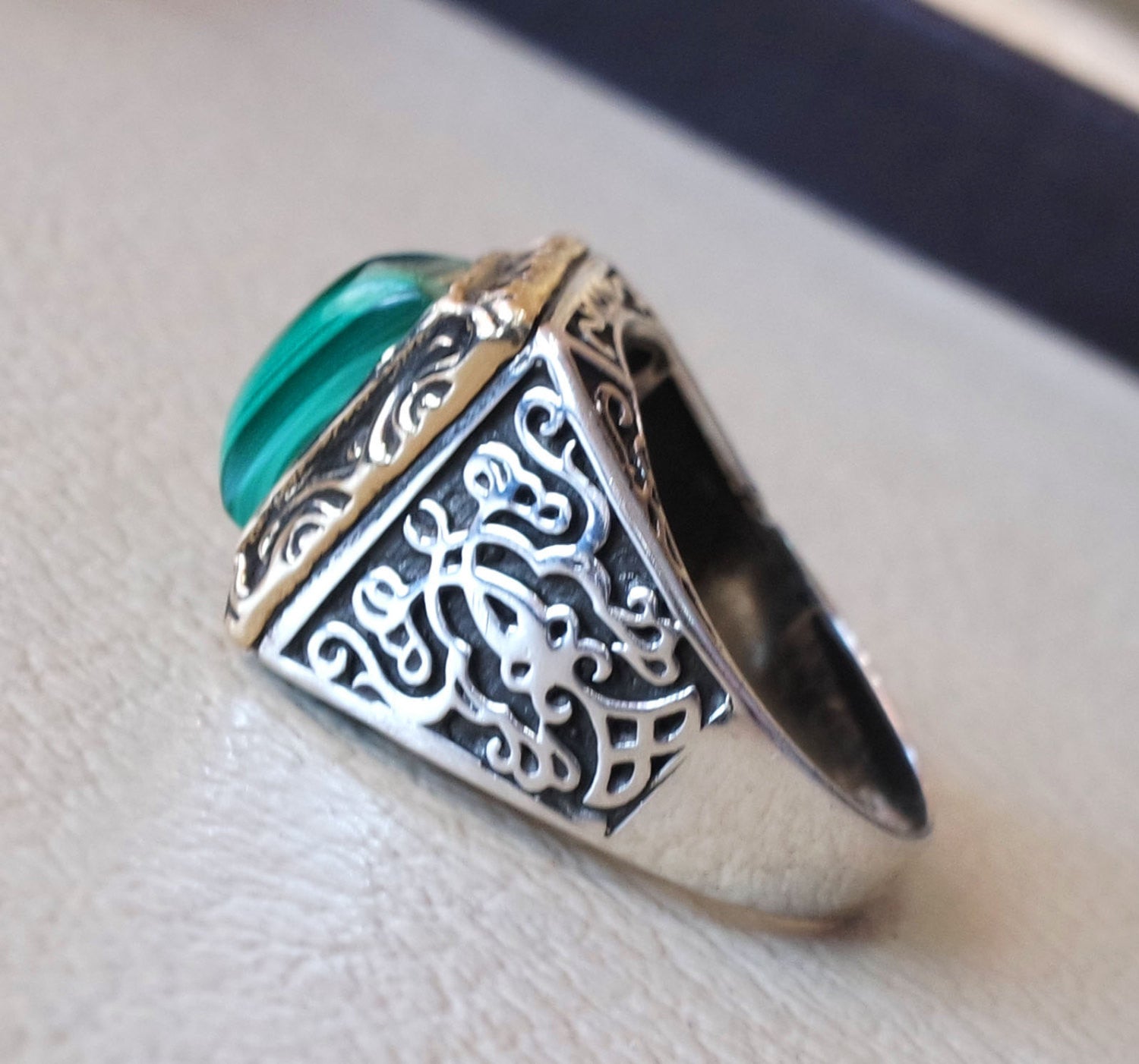 square natural malachite high quality green stone heavy sterling silver 925 man ring bronze frame any size ottoman style jewelry
