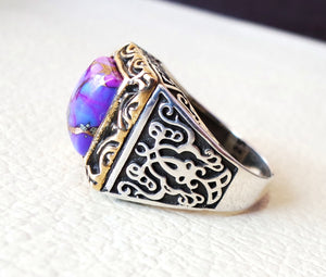 square natural copper turquoise high quality purple stone heavy sterling silver 925 man ring bronze frame any size ottoman style jewelry