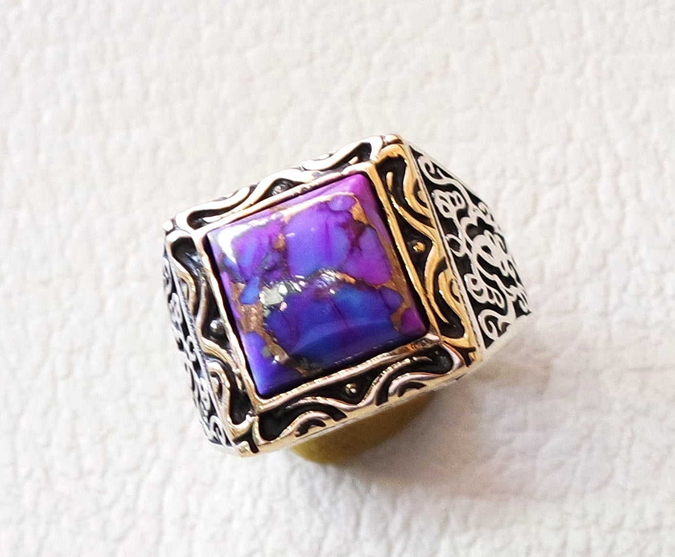 square natural copper turquoise high quality purple stone heavy sterling silver 925 man ring bronze frame any size ottoman style jewelry