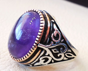 amethyst agate natural stone sterling silver 925 man ring vintage arabic turkish ottoman style jewelry oval purple gem all sizes bronze