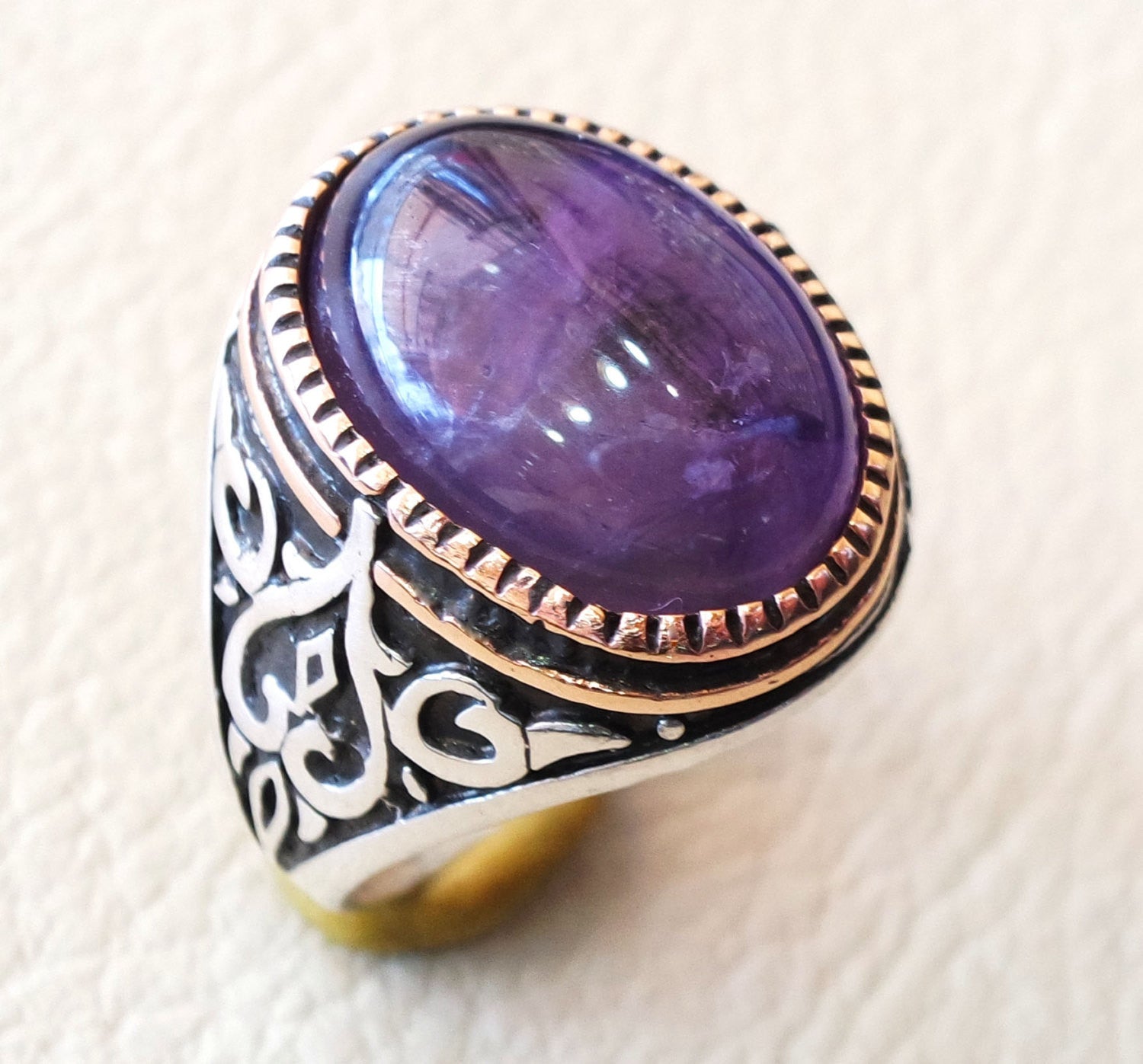 amethyst agate natural stone sterling silver 925 man ring vintage arabic turkish ottoman style jewelry oval purple gem all sizes bronze