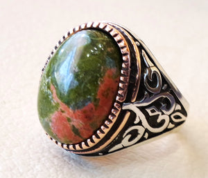 unakite natural multi color stone oval cabochon sterling silver 925 men ring bronze frame orange green red semi precious jewelry ottoman