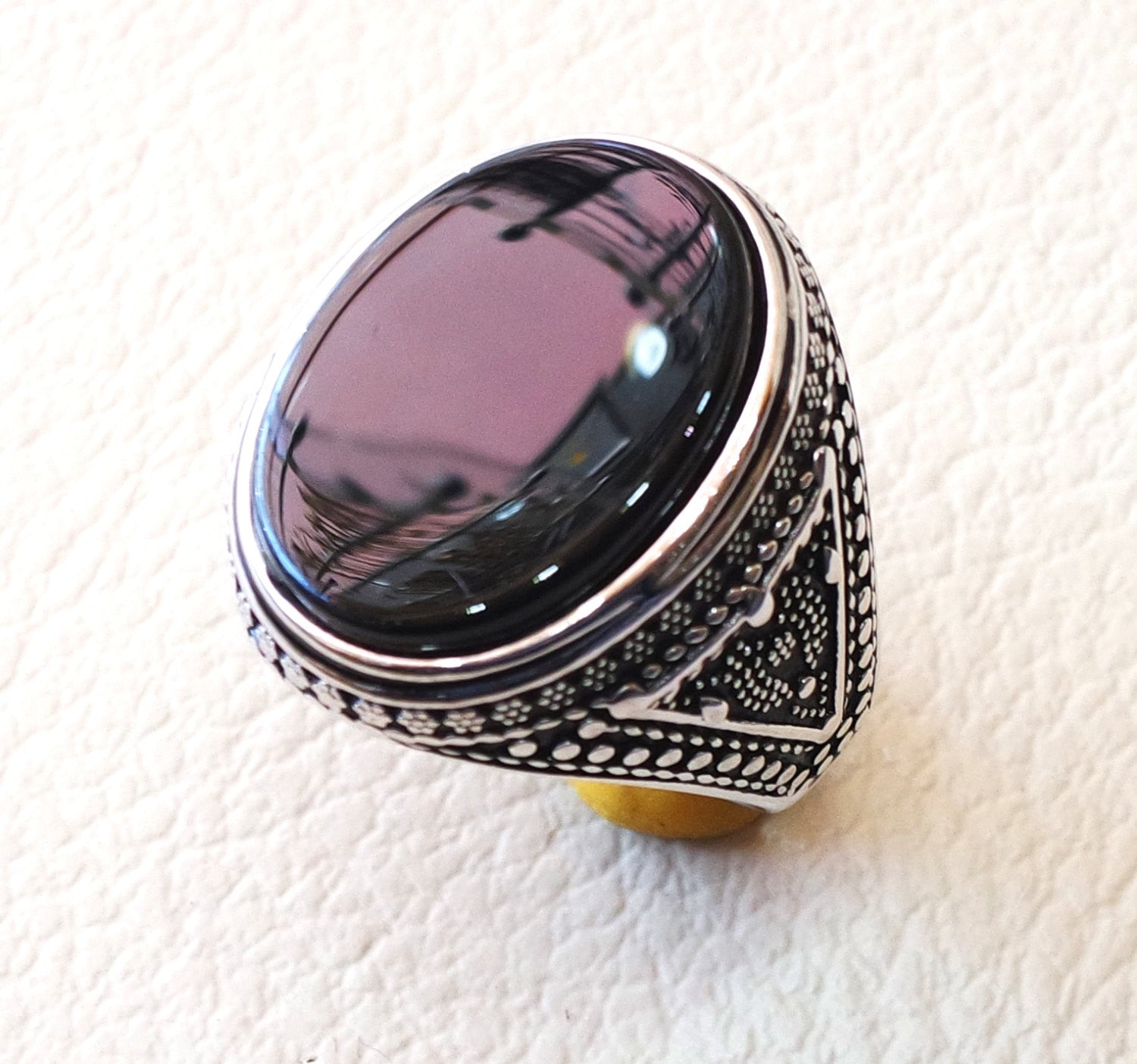 aqeeq natural agate onyx huge big stone oval black flat gem man ring sterling silver arabic middle eastern turkey style fast shipping