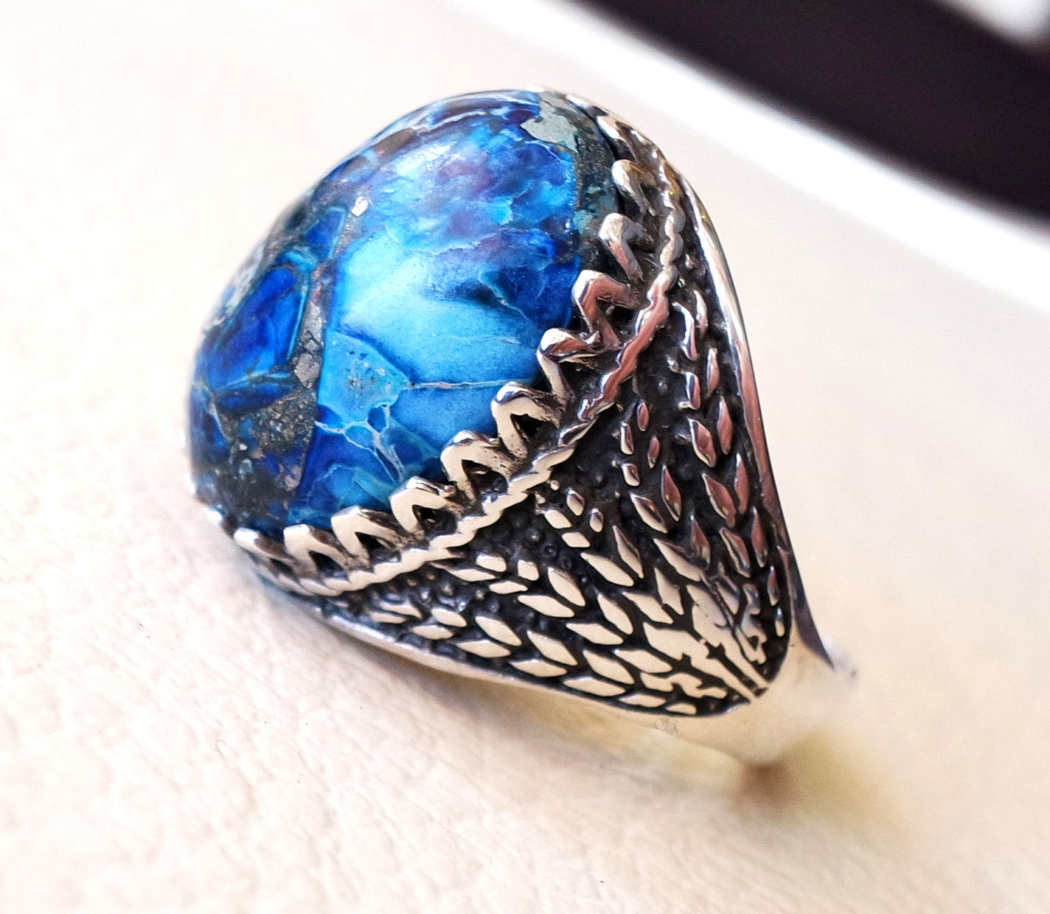 men ring sea sediment jasper multi color blue black grey stone all sizes natural semi precious sterling silver 925 man antique jewelry