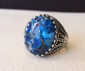 men ring sea sediment jasper multi color blue black grey stone all sizes natural semi precious sterling silver 925 man antique jewelry