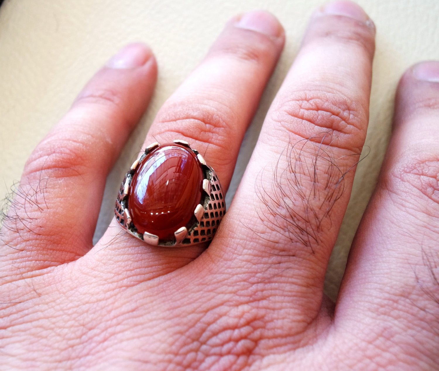 aqeeq natural liver agate carnelian semi precious kabadi stone oval red cabochon man ring sterling silver arabic middle eastern turkey style