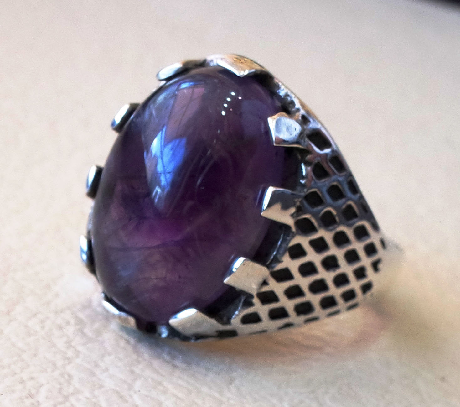 purple amethyst agate natural cabochon sterling silver 925 men ring vintage arabic turkish ottoman antique style jewelry oval  gem all sizes