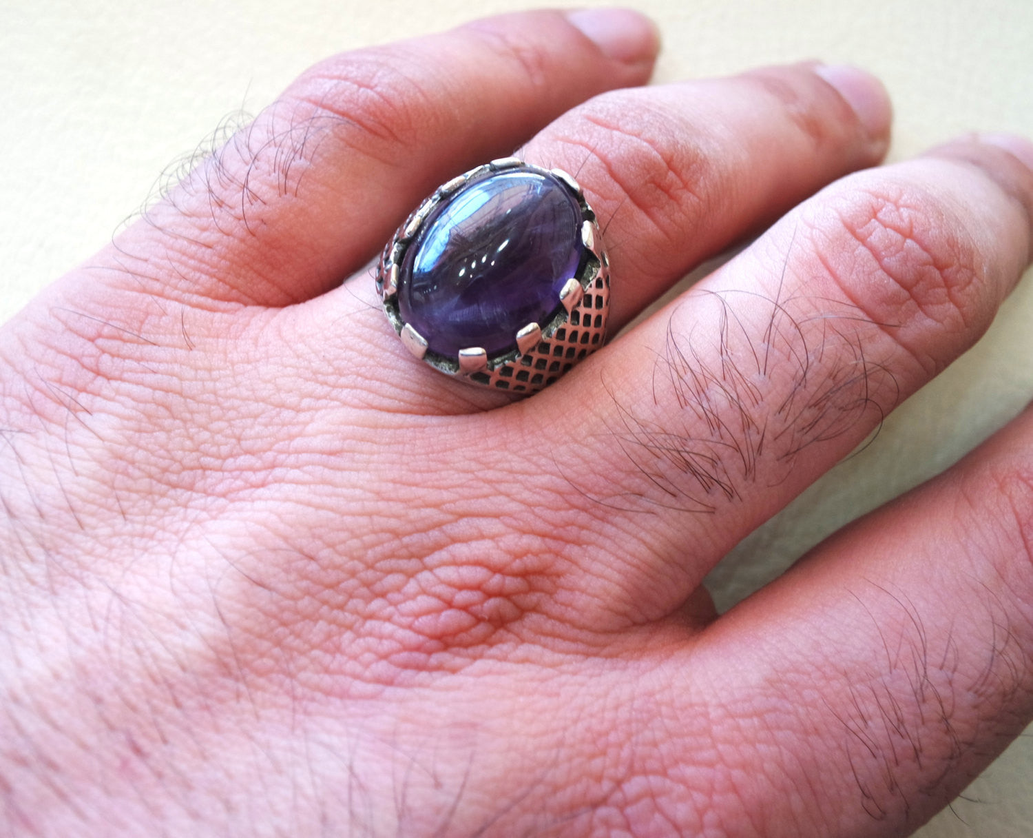 purple amethyst agate natural cabochon sterling silver 925 men ring vintage arabic turkish ottoman antique style jewelry oval  gem all sizes
