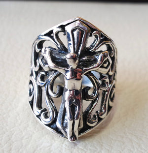 cross jesus christ christian sterling silver 925 heavy huge man ring jewelry fast shipping biker style all sizes