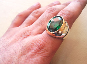 deep vivid fancy green synthetic corundum oval huge stone high quality stone sterling silver 925 men ring and bronze frame all sizes jewelry