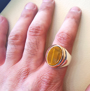 men ring tiger eye cat eye natural flat semi precious oval stone ottoman antique ottoman arabic style two tone sterling silver 925