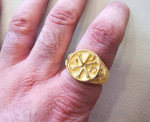 Chi Rho anchor cross christ christian symbol 18 k gold heavy man ring made to order fine jewelry full insured shipping and wood box