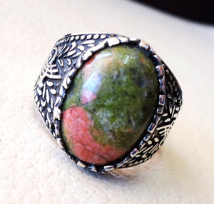 unakite natural multi color stone oval cabochon sterling silver 925 men ring high quality orange green pink semi precious jewelry ottoman